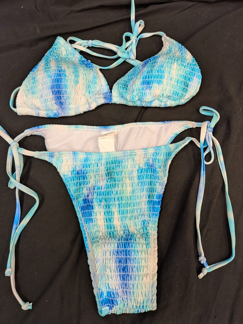 Blue Tie-Dye Smocked String Bikini Set